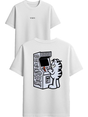 Vsrn Kedi Oyun Oynuyor Tasarım Baskılı Beyaz Oversize T-Shirt