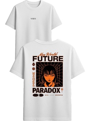 Vsrn New World Future Tasarım Baskılı Beyaz Oversize T Shirt