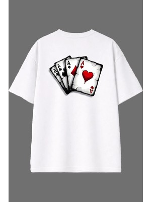 Vsrn As Kartlar Tasarım Arka Baskılı Beyaz Oversize T Shirt