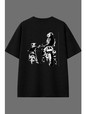 Vsrn Motorcu Oğlu Tasarım Arka Baskılı Siyah Oversize T Shirt