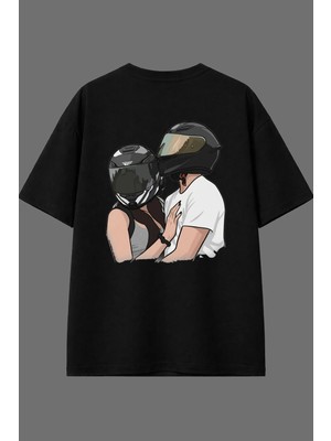 Vsrn Motorcu Sevgili 2 Tasarım Arka Baskılı Siyah Oversize T Shirt
