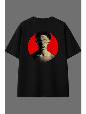 Vsrn Gözleri Bantlı Tasarım Arka Baskılı Siyah Oversize T Shirt