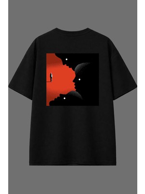 Vsrn Gözler Üstünde Tasarım Arka Baskılı Siyah Oversize T Shirt