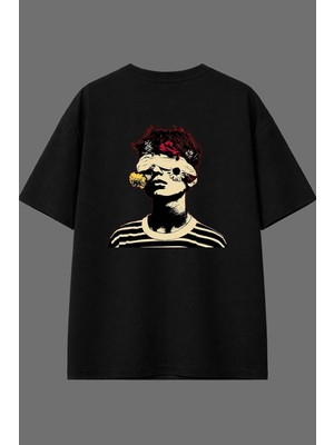 Vsrn Çiçekler ve Adam Tasarım Arka Baskılı Siyah Oversize T Shirt