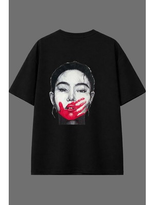 Vsrn Susma Kadın Tasarım Arka Baskılı Siyah Oversize T Shirt
