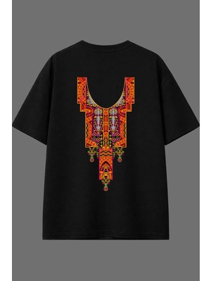 Vsrn Karmaşık Desenli Tasarım Arka Baskılı Siyah Oversize T Shirt