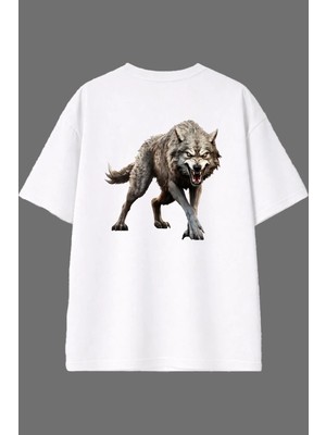 Vsrn Vahşi Kurt Tasarım Arka Baskılı Beyaz Oversize T Shirt