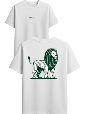 Vsrn Aslan Kaktüs Tasarım Baskılı Beyaz Oversize T-Shirt
