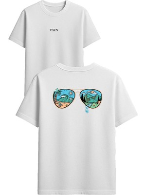 Vsrn Güneş Gözlüğü Tasarım Baskılı Beyaz Oversize T-Shirt