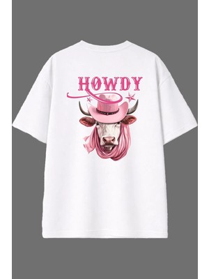 Vsrn Howdy Tasarım Arka Baskılı Beyaz Oversize T Shirt