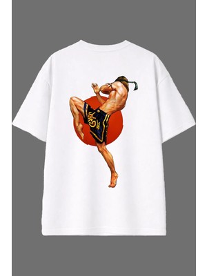 Vsrn Muay Thai Tasarım Arka Baskılı Beyaz Oversize T Shirt
