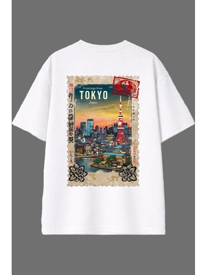 Vsrn Tokyo Japan Tasarım Arka Baskılı Beyaz Oversize T Shirt