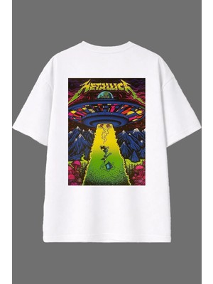 Vsrn Uzaylı Metalika Tasarım Arka Baskılı Beyaz Oversize T Shirt