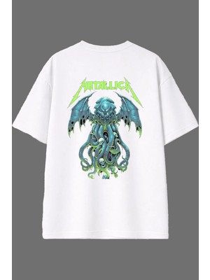 Vsrn Yeşil Metalika Tasarım Arka Baskılı Beyaz Oversize T Shirt