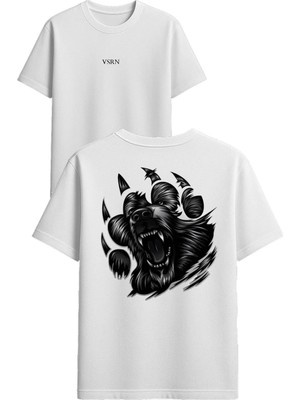 Vsrn Kızgın Ayı Pençesi Tasarım Baskılı Beyaz Oversize T Shirt