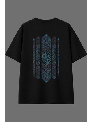 Vsrn Karışık Desenler Tasarım Arka Baskılı Siyah Oversize T Shirt