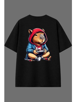 Vsrn Oyuncu Capybara Tasarım Arka Baskılı Siyah Oversize T Shirt