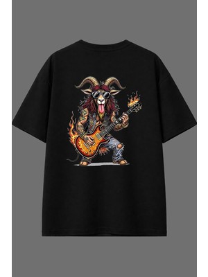 Vsrn Keçi Rockcı Tasarım Arka Baskılı Siyah Oversize T Shirt