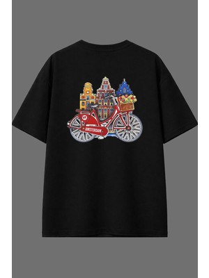 Vsrn Amsterdam Bisiklet Tasarım Arka Baskılı Siyah Oversize T Shirt