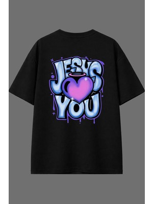 Vsrn Jesus Tasarım Arka Baskılı Siyah Oversize T Shirt