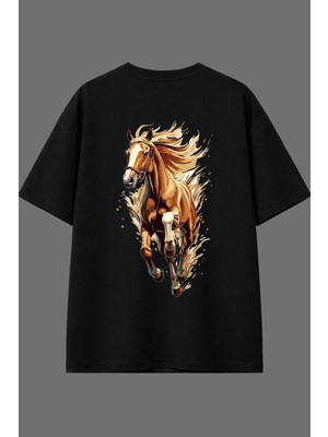 Vsrn Horse 2 Tasarım Arka Baskılı Siyah Oversize T Shirt