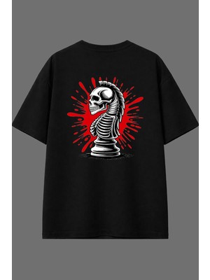 Vsrn Iskelet Satranç Tasarım Arka Baskılı Siyah Oversize T Shirt