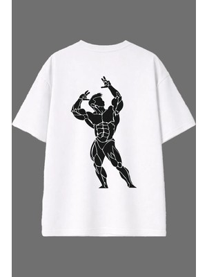 Vsrn Boydan Kaslı Tasarım Arka Baskılı Beyaz Oversize T Shirt