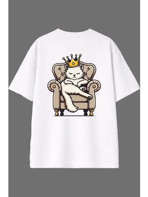 Vsrn Kral Cat Tasarım Arka Baskılı Beyaz Oversize T Shirt