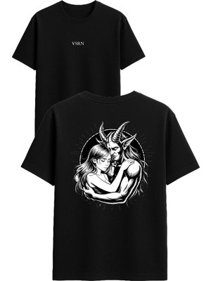 Vsrn Güneş Içinde Şeytan Tasarım Baskılı Siyah Oversize T Shirt