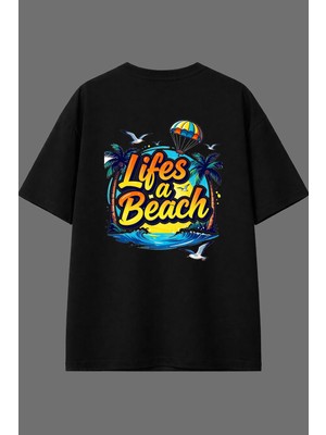 Vsrn Lifes A Beach Tasarım Arka Baskılı Siyah Oversize T Shirt