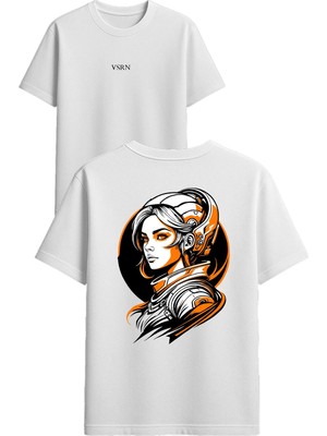 Vsrn Astronot Kadın Tasarım Baskılı Beyaz Oversize T Shirt