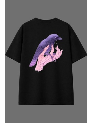 Vsrn Karga Tasarım Arka Baskılı Siyah Oversize T Shirt