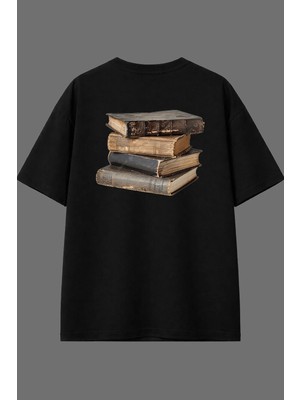 Vsrn Kitap Kurdu Tasarım Arka Baskılı Siyah Oversize T Shirt