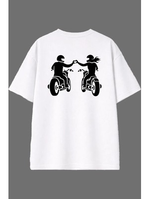 Vsrn Motorcu Sevgili 1 Tasarım Arka Baskılı Beyaz Oversize T Shirt