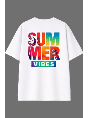 Vsrn Summer Vıbes Tasarım Arka Baskılı Beyaz Oversize T Shirt