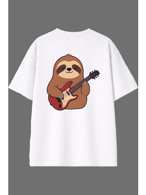 Vsrn Tembel Hayvan Tasarım Arka Baskılı Beyaz Oversize T Shirt