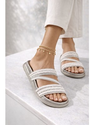 Slipcat Hasır Dokulu Çapraz Örgülü Bantlı Taş Detaylı Kadın Terlik