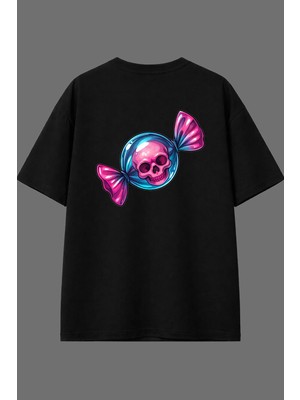 Vsrn Ölüm Şekeri Tasarım Arka Baskılı Siyah Oversize T Shirt
