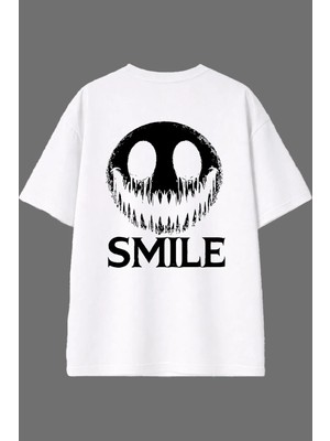 Vsrn Smıle Tasarım Arka Baskılı Beyaz Oversize T Shirt