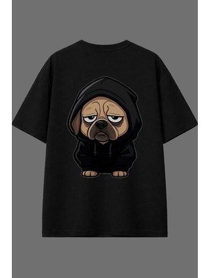 Vsrn Üzgün Köpek Tasarım Arka Baskılı Siyah Oversize T Shirt
