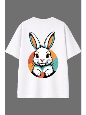 Vsrn Tatlı Tavşan Tasarım Arka Baskılı Beyaz Oversize T Shirt
