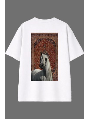 Vsrn Etnik Halı At Tasarım Arka Baskılı Beyaz Oversize T Shirt