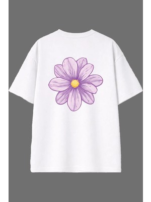 Vsrn Mor Çiçek Tasarım Arka Baskılı Beyaz Oversize T Shirt