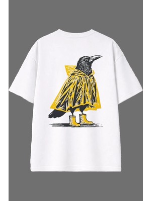Vsrn Yağmurluklu Kuş Tasarım Arka Baskılı Beyaz Oversize T Shirt