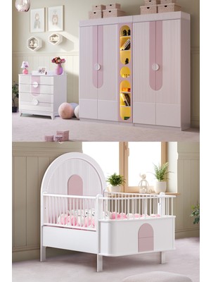 Setay Vira Çocuk Odası, Venüs Büyüyen Beşik, Vira 4 Kapaklı Kitaplıklı Dolap, 4 Çekmeceli Şifonyer - Pembe