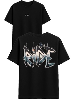 Vsrn Ride Tasarım Baskılı Siyah Oversize T Shirt