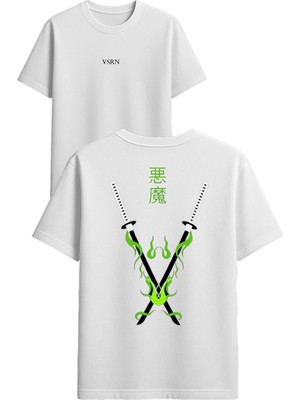 Vsrn Kılıç Samuray Tasarım Baskılı Beyaz Oversize T-Shirt