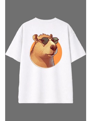 Vsrn Gözlüklü Kapibara Tasarım Arka Baskılı Beyaz Oversize T Shirt