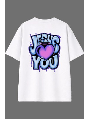 Vsrn Jesus Tasarım Arka Baskılı Beyaz Oversize T Shirt