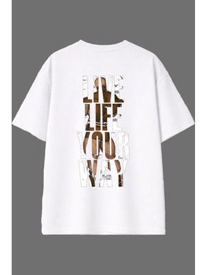 Vsrn Live Life Tasarım Arka Baskılı Beyaz Oversize T Shirt